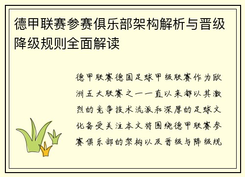 德甲联赛参赛俱乐部架构解析与晋级降级规则全面解读