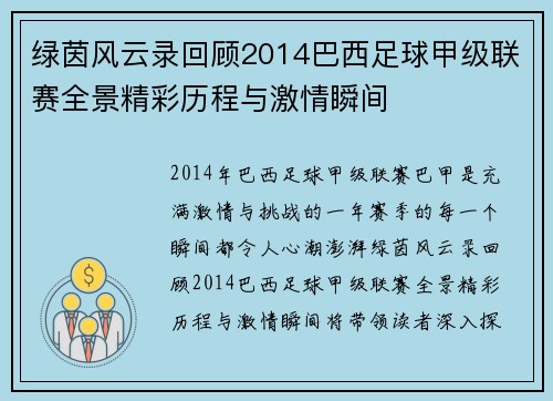 绿茵风云录回顾2014巴西足球甲级联赛全景精彩历程与激情瞬间